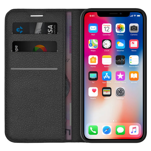 Leather Wallet Case & Card Holder Pouch for Apple iPhone X / Xs - Black